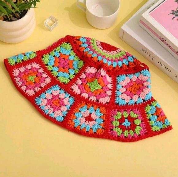 Red Granny Square Crochet Bucket Hat - Picture 2 of 6